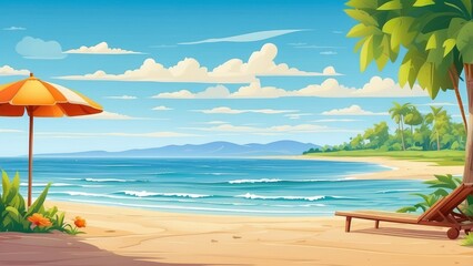 Tropical Beach Landscape with Palm Trees, Umbrella and Lounger, Summer Background