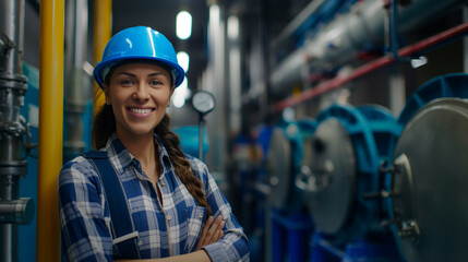 Female employee standing in factory checking water bottles in warehouse at industrial plant Female employee recording data on beverage production line