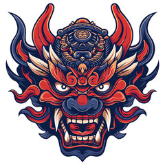 Fototapeta premium illustration of a traditional Asian dragon mask. It has intricate patterns, sharp fangs, and a central turquoise gemstone. It’s vibrant and detailed