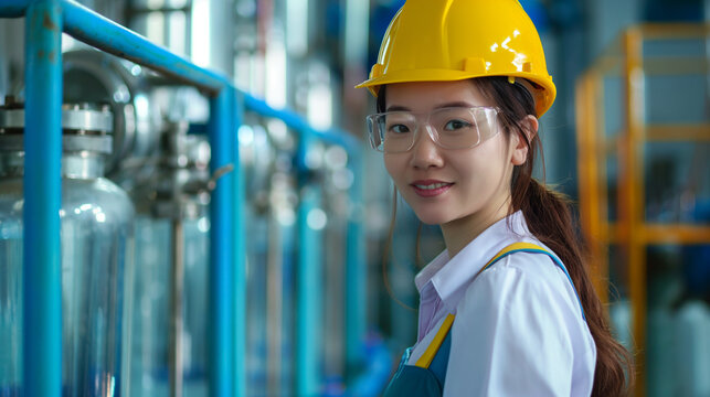 Female employee standing in factory checking water bottles in warehouse at industrial plant Female employee recording data on beverage production line