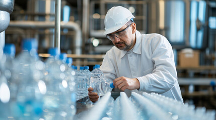 Senior male engineer, industry professional, hard hat inspector inspects water bottle system in warehouse at industrial plant, on beverage production line.