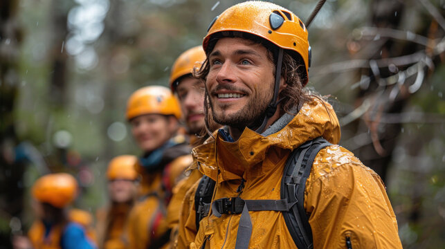 Extreme sport people traveling to zipline at the big forest wearing helmet.