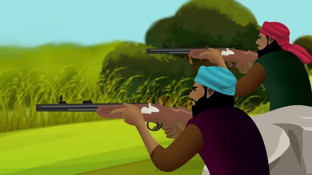 hunter try to killing animal by old rifle firing 2d animation