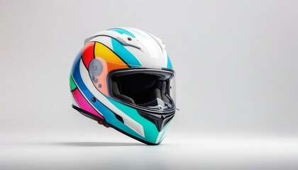 Fototapeta premium motorcycle helmet with race color patterns isolated white background, copy space for text