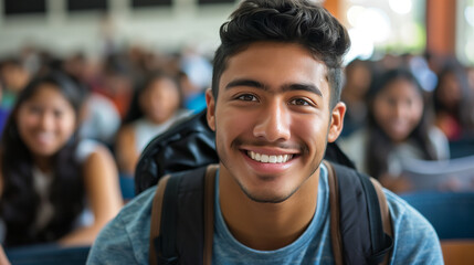 Naklejka premium Latin American Young Campus Student in Lecture Hall, Smiling at Camera, Diverse Education and University Life