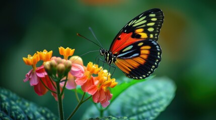 Fototapeta premium Close-up macro image of a butterfly feeding on a flower. The intricate patterns on the butterfly's wings are vividly displayed, contrasting beautifully with the vibrant petals. The natural lighting