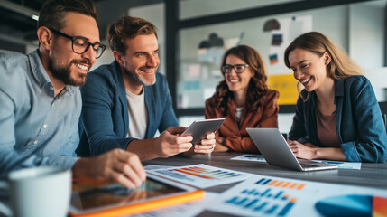 Group of beautiful female designers in casual clothes using laptops Talking about work and smiling in office meeting Ideas for starting a business, working as a team
