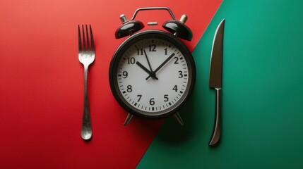 Black alarm clock, fork, knife on colored paper background. Intermittent fasting concept