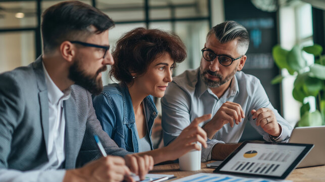 Group of beautiful female designers in casual clothes using laptops Talking about work and smiling in office meeting Ideas for starting a business, working as a team