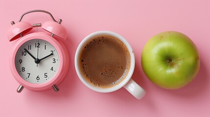 Pink alarm clock with white cup of black coffee and a green apple. Concept of intermittent fasting,...