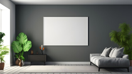 Minimalist Living Room with Empty Frame. Interior Mockup.Empty Frame Mockup in Trendy Living Room