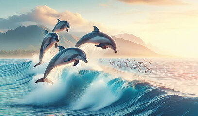 A pod of dolphins leaps over the waves