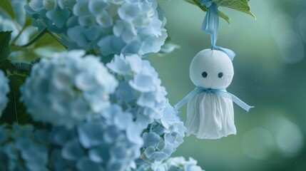 Teru Teru Bozu on green nature background, Japanese rain doll