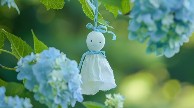 Teru Teru Bozu on green nature background, Japanese rain doll