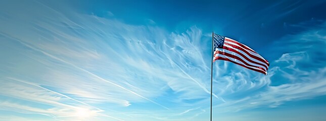  American flag billows majestically in the breeze against a backdrop of clear blue skies, symbolizing freedom and patriotism