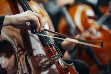 Fototapeta premium A Musicians Hand Gently Gracing the Strings of a Cello During a Live Performance