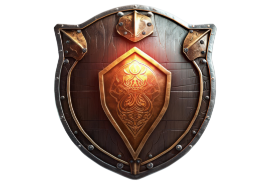 Vintage medieval shield with intricate designs and glowing details, representing strength and protection.