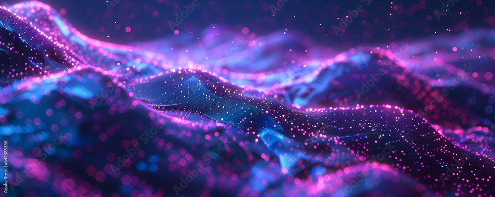 Poster big data visualization. the musical stream of sounds. abstract background with interweaving of dots 