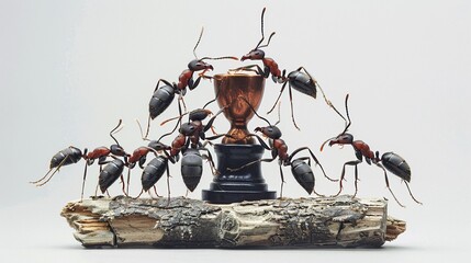 Intricate photograph capturing the teamwork of ants as they lift an award, portrayed from the front on a white background, conveying the message of cooperation and accomplishment.