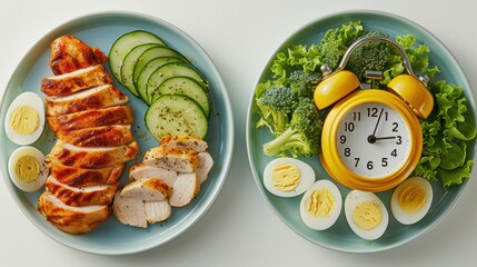 Food and alarm clock on white background, intermittent fasting concept
