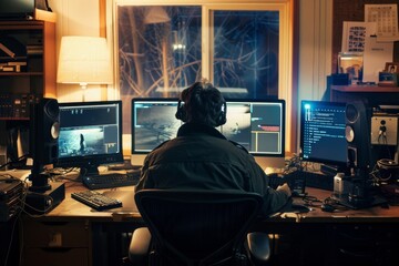 Nighttime Focus: A Solo Artist Works on Their Music in a Home Studio