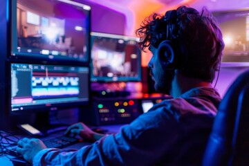 A Late Night of Digital Storytelling: A Focused Videographer Edits Footage in a Vibrant Studio