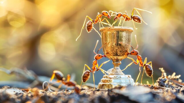 Detailed close-up photograph capturing a team of ants working together to lift an award, showcasing their coordinated effort and determination in a macro view.
