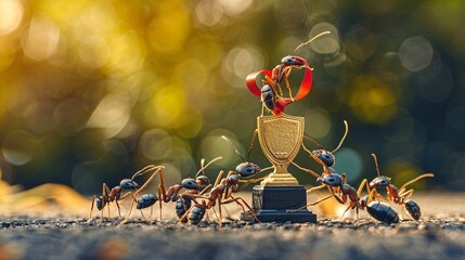 High-resolution photo depicting a team of ants collaborating to lift a gold medal award, emphasizing the importance of teamwork and collective achievement in achieving success.