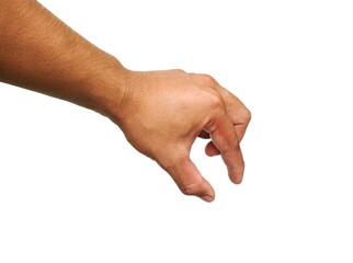 A man's hand Pretend to hold a coin in your hand. And I'm about to put a coin into something. Isolated on white background. business idea.