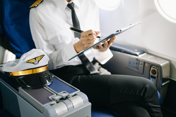 Asian Confident Feale pilot in uniform leaning at the passenger seat while standing inside of the...