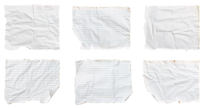 set of Notebook paper with torn edges on isolated background