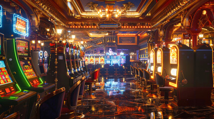 Obraz premium A casino with rows of slot machines illuminated by colorful lights