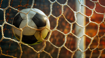 Soccer ball in goal net under blue-yellow lights For sports concept. 3D illustration