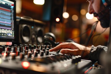 Naklejka premium A Hand Reaching For The Perfect Sound In A Late Night Studio