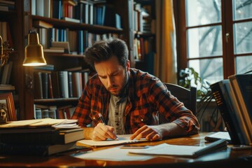 A Man Writing in a Warmly Lit Library With a Window View