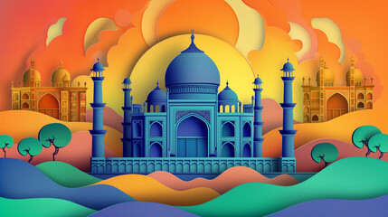 Antique vector illustration Taj Mahal in Agra, India, beautiful gradient sky with crescent moon, colorful panoramic vector illustration.