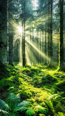 Fototapeta premium A beautiful forest with sunlight shining through the trees