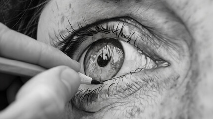 Obraz premium Pencil drawing of an isolated black and white eye. For beauty. Macro of a human eye. Black and white.