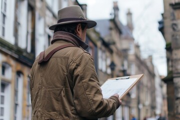 A Gloomy Day in the Old City: A Man With a Clipboard Explores the Cobblestone Streets