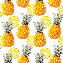 Seamless watercolor pattern with pineapples and slices, for a tropical summery look with fresh, bright colors