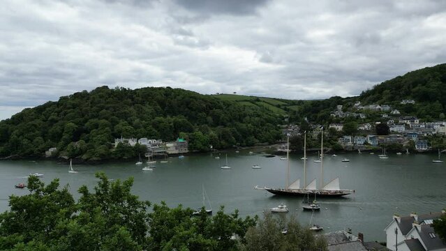 Dartmouth, South Devon, England: DRONE VIEWS: A schooner sail boat heads down the River Dart for the annual Richard Mille cup race from Dartmouth to Cowes on the Isle of Wight (5).