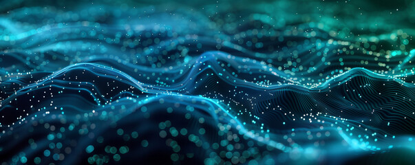 futuristic abstract blue tech background with digital waves particles artificial neural network cyber computing, Abstract blue teal data technology BG