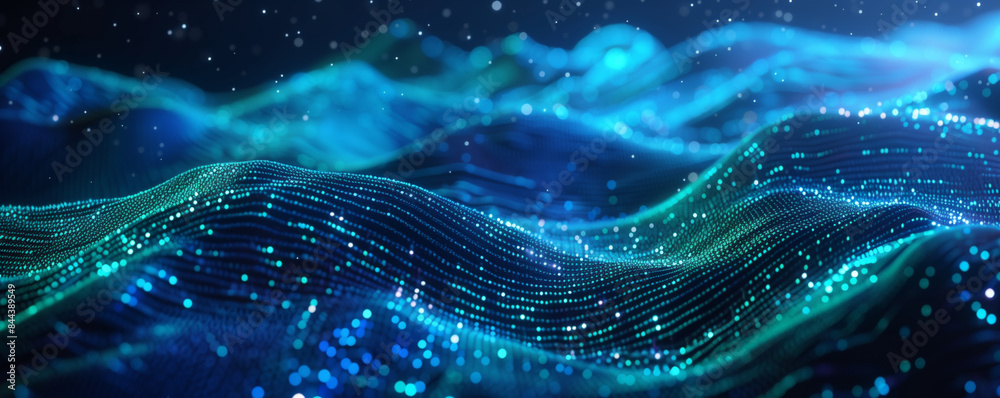 Poster futuristic abstract blue tech background with digital waves particles artificial neural network cybe