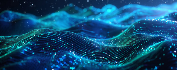 futuristic abstract blue tech background with digital waves particles artificial neural network cyber computing, Abstract blue teal data technology BG