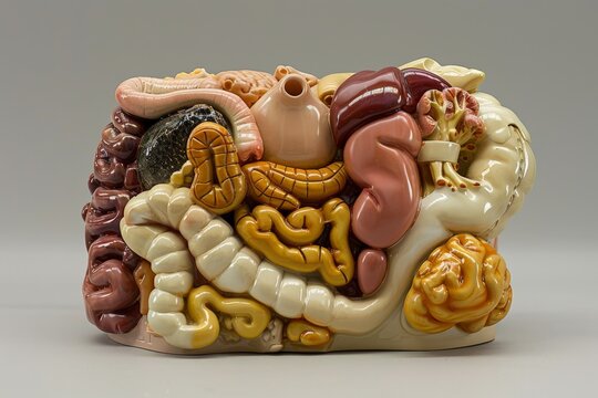 A detailed plastic model of the digestive system, showcasing the stomach, intestines, and accessory organs like the liver and pancreas. The model is isolated on a white background for comprehensive