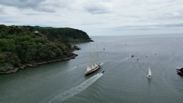 Dartmouth, South Devon, England: DRONE VIEWS: A schooner sail boat heads down the River Dart for the annual Richard Mille cup race from Dartmouth to Cowes on the Isle of Wight (3).