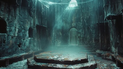 viewed from the front representing a stone prison dungeon, somewhat dusty and with cobwebs, with a very small barred window at the top right corner through which a bit of light passes.