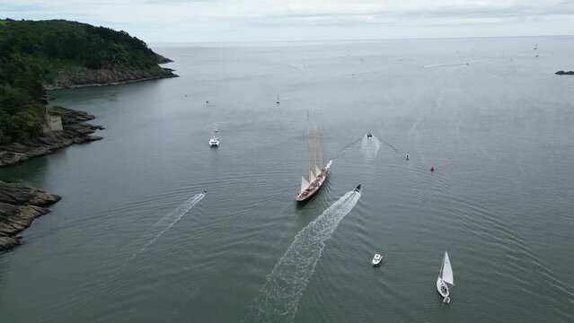Dartmouth, South Devon, England: DRONE VIEWS: A schooner sail boat heads down the River Dart for the annual Richard Mille cup race from Dartmouth to Cowes on the Isle of Wight (1).