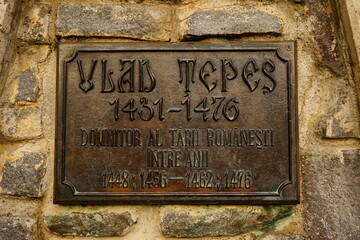 Plate of Vlad Tepes life and death in Sighișoara, Transylvania, Romania