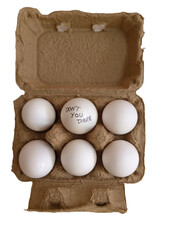 Six eggs in a tray and one of them has a slogan as 